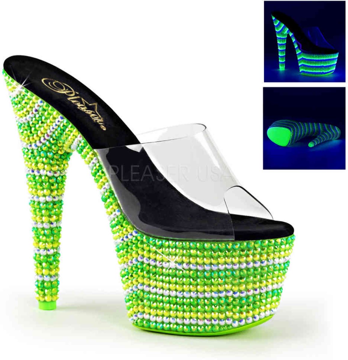 EU 38 = US 8 | BEJEWELED-701UV | *7 Heel, 2 3/4 PF Slide, Neon UV Reactive